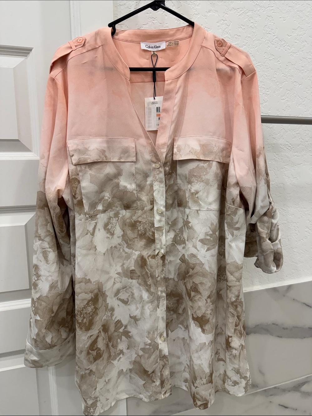 Calvin Klein Pink to Beige Floral Dip-Dye Tunic Blouse